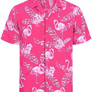 J.VER Herren Hawaiihemd Kurzarm Sommerhemd Casual Flamingo Floral Strandhemd Bügelfrei Button Down Kurzarm Hawaii Shirt Faltenfrei Urlaub Shirt,Rosa Flamingo,L