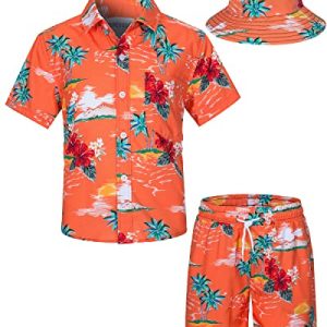 TUNEVUSE Kleine und große Jungen Hawaiian Button Down Hemds und Short Set Tropical Print Sommerkleid mit Matchstick Hut Kinder 2-teilige Kleidung Cabana Set Orange 5-6T
