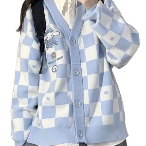 WANHONGYUE Kawaii Cinnamoroll Cardigan Sweater Damen Long Sleeve Open Front Knitted Jumper Strickjacke Mädchen JK School Uniform Anime V-Neck Pullover Jacket Coat Blau M
