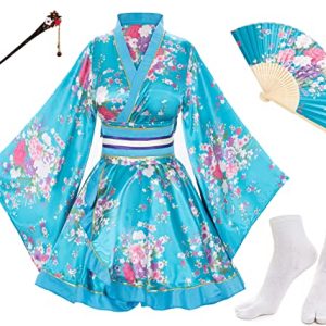 Elibelle Japanisches Anime-Damen-Tanz-Kimono-Bademantel, Kostüm, aus Seide, faltbar, Tabi-Haarstab-Socken, Blau - Typ 1, L
