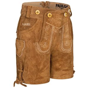 PAULGOS Kinder Trachten Lederhose + Träger, Echtes Leder, Kurz in 2 Farben Gr. 86-164, Farbe:Hellbraun, Kindergröße:110