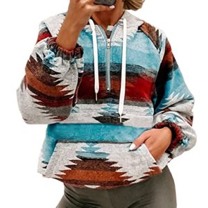 COWOKA Damen Aztekenmuster Western Ethno Half Zip Langarm Pullover Hoodie Sweatshirt, rot, Medium