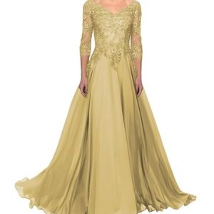 FJLESWRT Abendkleider Elegant für Hochzeit Spitze Brautmutterkleider mit Ärmel Lang Chiffon Hochzeitsgast Kleid V-Ausschnitt Gold 44