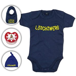 Babyset Feuerwehr Löschzwerg - Strampler/Schnuller/Mütze/Lätzchen / 0-12 Monate/Komplettset/Beruhigungssauger + Babybody (6-12 Monate, Navy Blau)