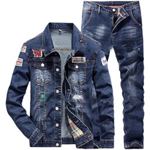 Alloaone Herren 2 teiliges Set Frühling Herbst Dunkelblau Jeansjacke und Hose Slim Paar Jeans Anzug Suit Jacket M Jeans 29