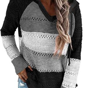 GOLDPKF Pullover Teenager Mädchen Strick Hoodie Damen Damen Farbblock Kapuzenpullover Gestreift Hoodie Entspannt Sweatshirt mit Kapuze Lässiger Hohlpullover Schwarz XXL 50-52