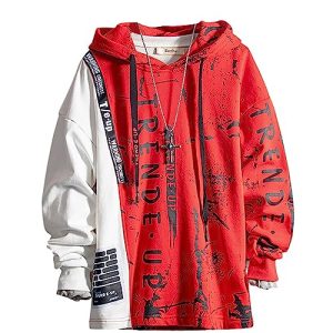 Covisoty Hoodie Herren Kapuzenpullover Techwear Hip Hop Long Sleeve Streetwear Farbblock Pullover Sweatshirt Rot L