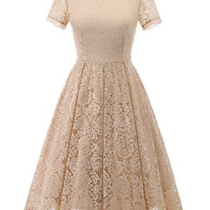 DRESSTELLS Damen Spitzenkleid brautmütter Kleider, Knielang Elegant Brautjungfer Cocktailkleid, Rockabilly Floral Kleid Kurzarm Champagne L