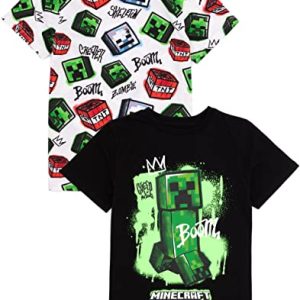 Minecraft T-Shirt 2er Pack Kinder | Jungen Mädchen Skelett Boom Creeper Spielcharaktere Schwarz und Weiß Top | Kurzarmbekleidung