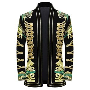 PYJTRL Herren Blazer/Anzugjacke mit goldfarbener Stickerei, Schwarz,Green Flower,M