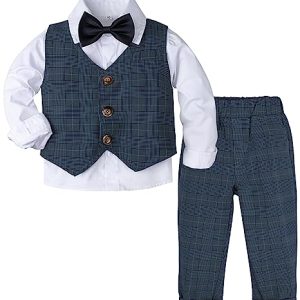 mintgreen Baby Anzug Junge, 3 Stück Gestreift Outfit Hochzeit Gentleman Kleiderset Lange Ärmel Hemd + Weste + Hosen + Krawatte, Marine, 12-18 Monate, 80