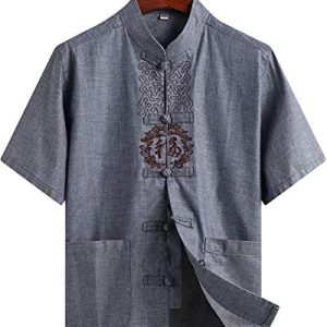 FLY FLU Tai Chi Kleidung Damen，Herren Traditioneller Tang-Anzug des Chinesischen Drachen Sommer-Leinen Bestickte Kurzarm-Oberteile, Schnalle, Stehkragen, 3D-Muster-Stickerei,Dark Grey-XLarge