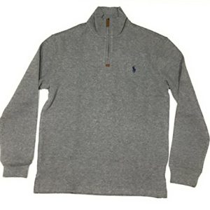 Polo Ralph Lauren Herren Pullover mit halbem Reißverschluss, französisches Ripp-Pony-Logo, Baumwolle, Pony in Grau / Marineblau, Groß