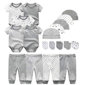 Kiddiezoom Baby-Body, Hose, Kleinkinder-Einteiler, Bekleidungs-Sets für Jungen und Mädchen aus Baumwolle, Mützen, Kratzfäustlinge Gr. 68, Graue Streifen & kleine Sterne & Druck-19-Set