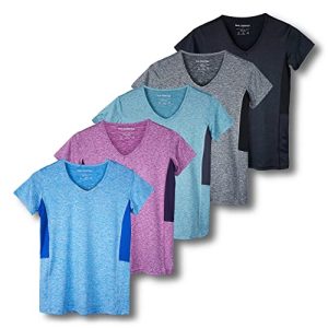 5er-Pack Damen Kurzarm V-Ausschnitt Activewear T-Shirt Dry-Fit Feuchtigkeitstransport Perfomance Yoga Top (erhältlich in Übergröße), Set 4, X-Large