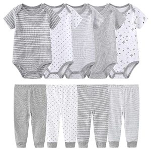 Chamie Bodys Kurzarm Hose Bekleidungsset für Neugeborene Jungen und Mädchen Baumwolle Grau 9-12 Monate