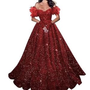 TANPAUL Glitzer Ballkleider A-Linie Abendkleid Eine Linie Partykleid Hochzeitskleider Winerot 42