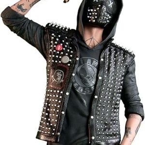 Aksah Fashion S Herren Punk Watch Dedsec Hunde Schraubenschlüssel Jacke Shawn Baichoo Schwarz Nieten Leder Weste, Schwarz , L