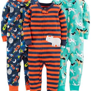 Simple Joys by Carter's Baby Mädchen 3-Pack Snug Fit Footless Cotton Pajamas Schlafstrampler, Marineblau Weltraum/Rostfarben Streifen/Türkisgrün Hunde, 5 Jahre (3er Pack)