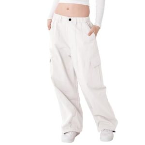 Rolanko Mädchen Cargohose, Baumwoll Baggy Hose mit Elastischer Taille und Mehreren Taschen für Kinder von 6–15 Jahre, Weiß, Größe: 160