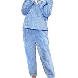 Niwicee Schlafanzug Damen Lang Pyjama Damen 2-Set, Hausanzug Damen Kuschelig Weich Nachtwäsche Sleepwear Pyjamahose,Polar Fleece Oberteile Hosen Warm Anzug Lose Freizeitanzug Mit Tasche-D-Blau-M