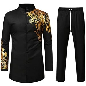 LucMatton 2-teiliges Set für Herren, langärmliges Hemd und Hose mit Knöpfen und traditionellem ethnischem Anzug, Gold Schwarz - a, XXL